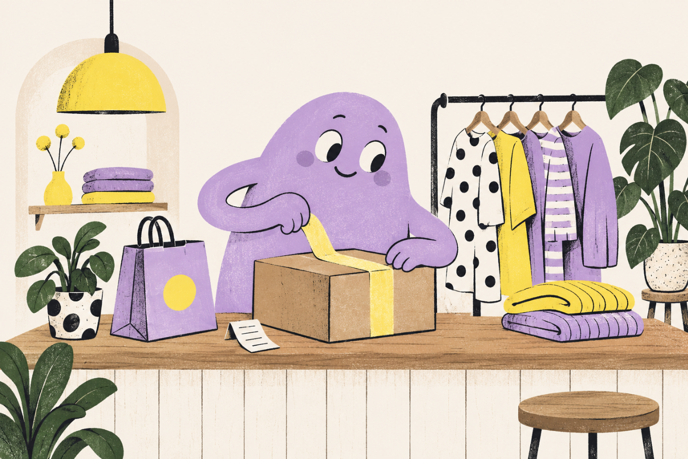 A friendly lilac KinderAI assistant at work in an illustrated shop, surrounded by products and parcels